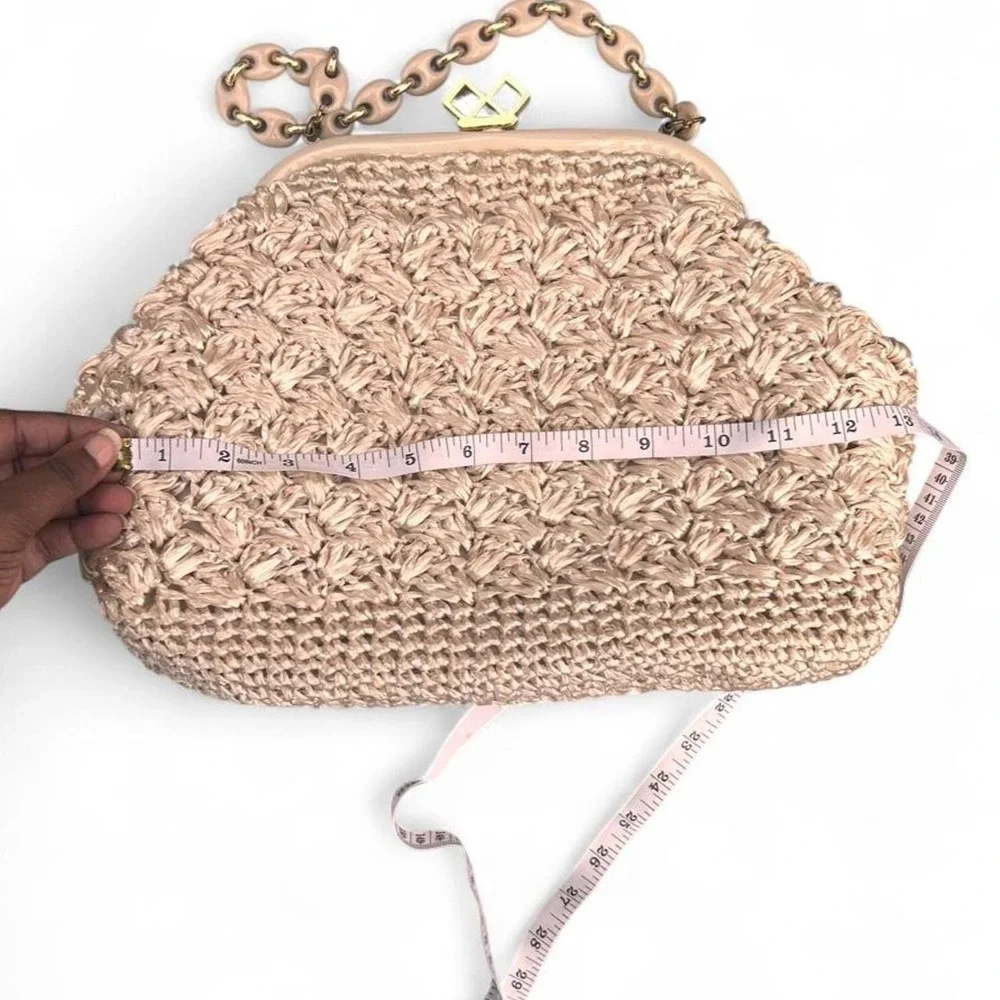 Vintage Raffia Crochet Frame Handbag Cream Woven Granny Coastal Bohemian
